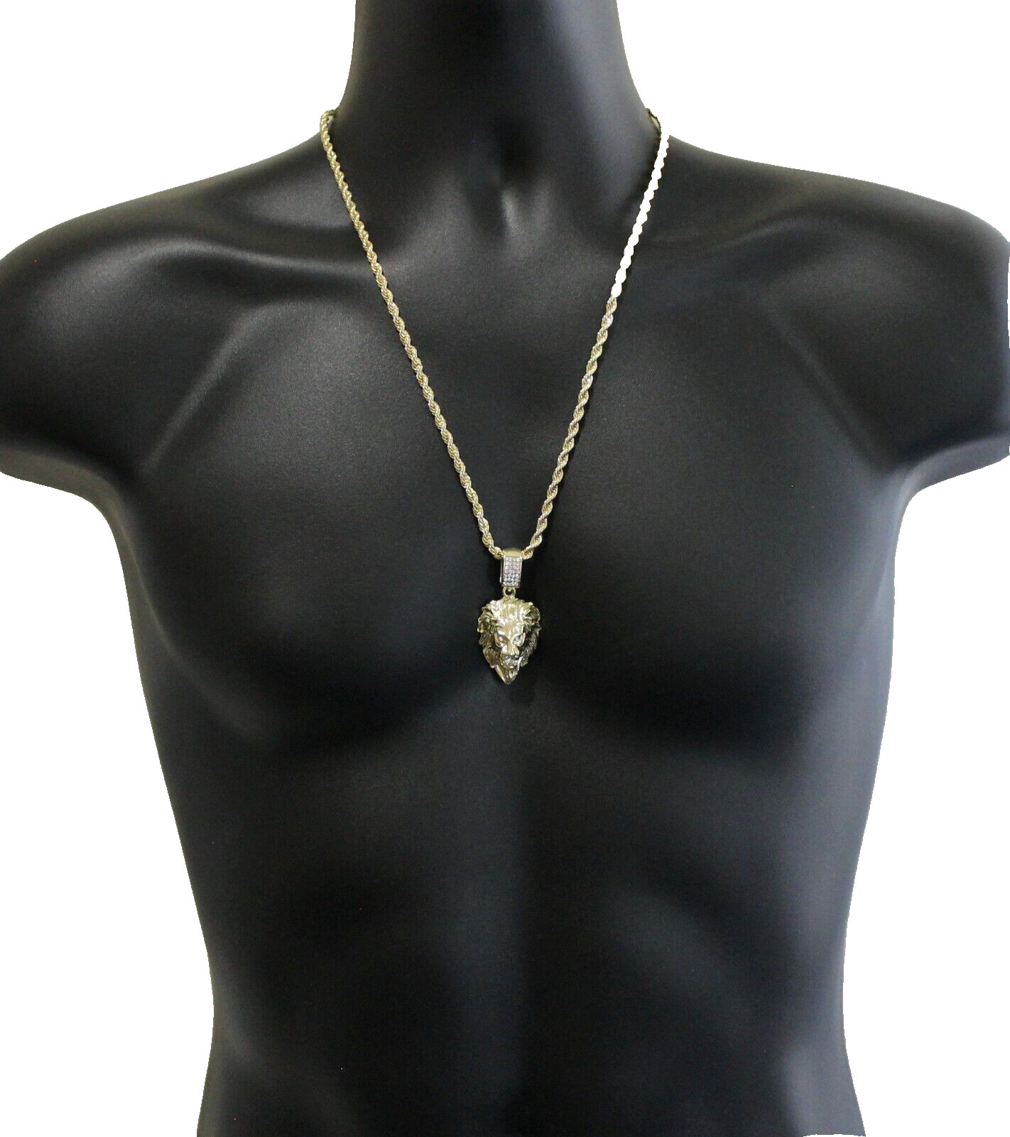 Mighty Lion Iced Cubic Zirconia Pendant 24″ Rope Chain 14k Gold Plated Hip Hop