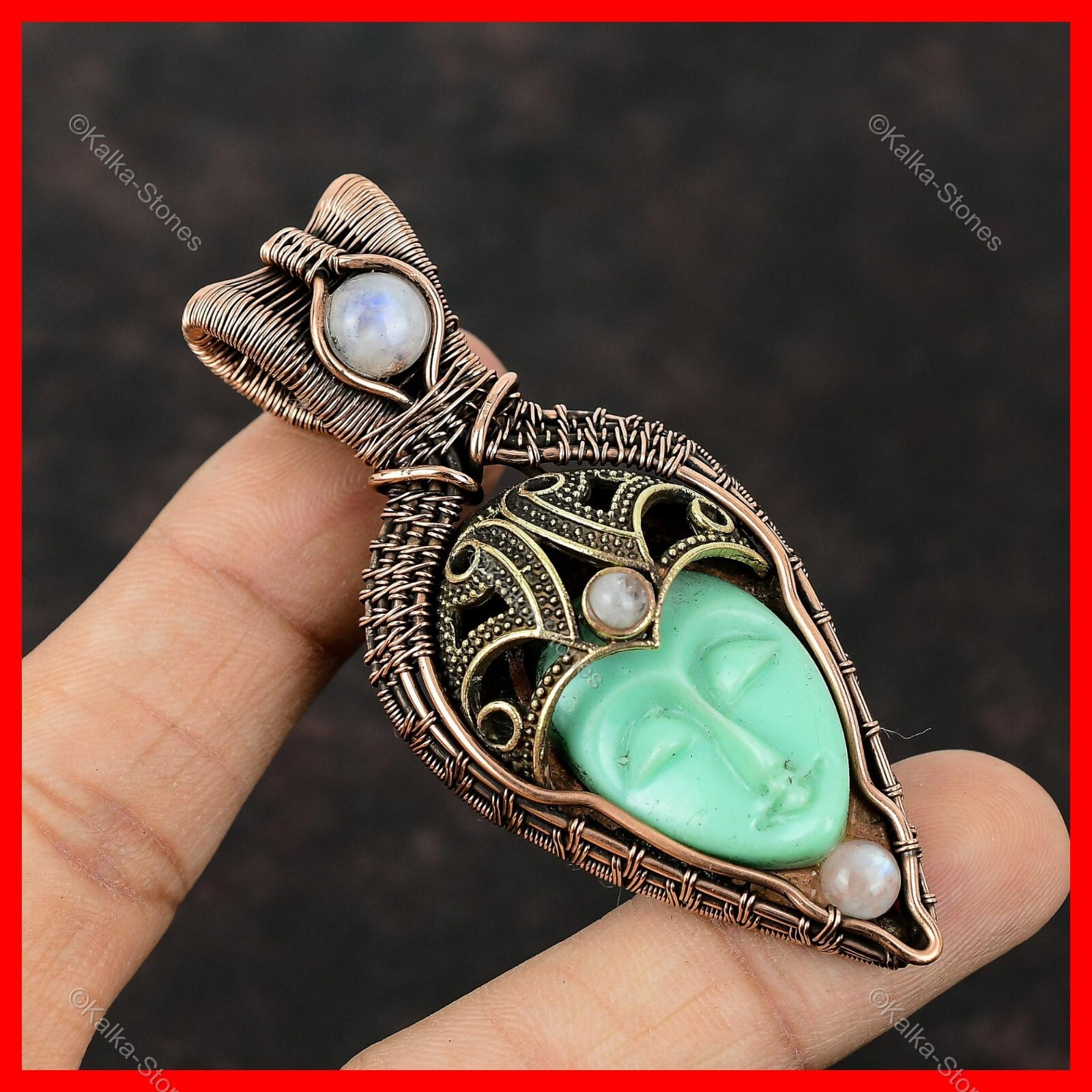 Oval Green Carved Face Stone Rainbow Moonstone Wire Wrapped Boho Pendant Copper