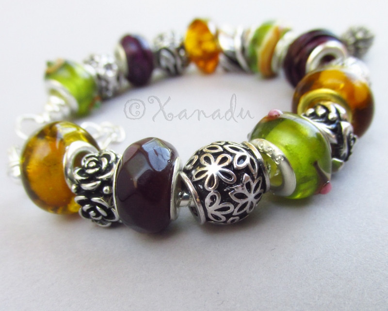 Autumn Leaves European Charm Bracelet With Silver Pine Cone Charm Pendant