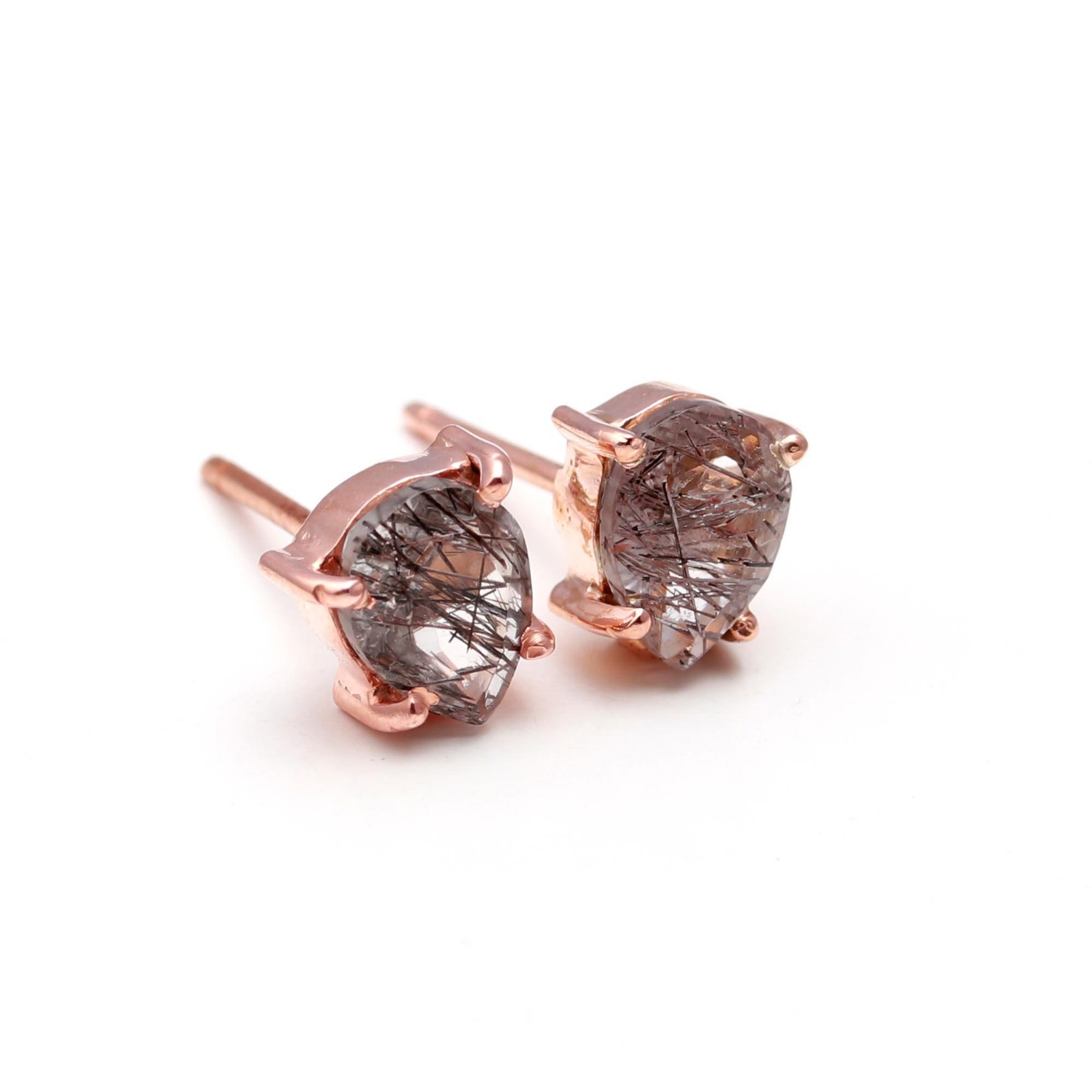 Natural Black Rutile Pear Stud Earrings Rose Gold Plated Solid Silver Jewelry