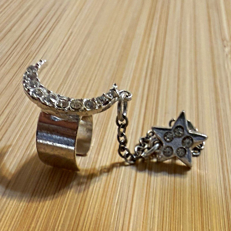 Silver Tone Charm Bracelet w/ Dangle Crescent Moon Star & Clear Stones