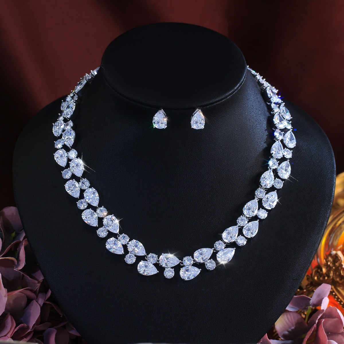 Water Drop Round Zircon Wide Necklace Earrings Silver Plated Wedding Jewelry Set