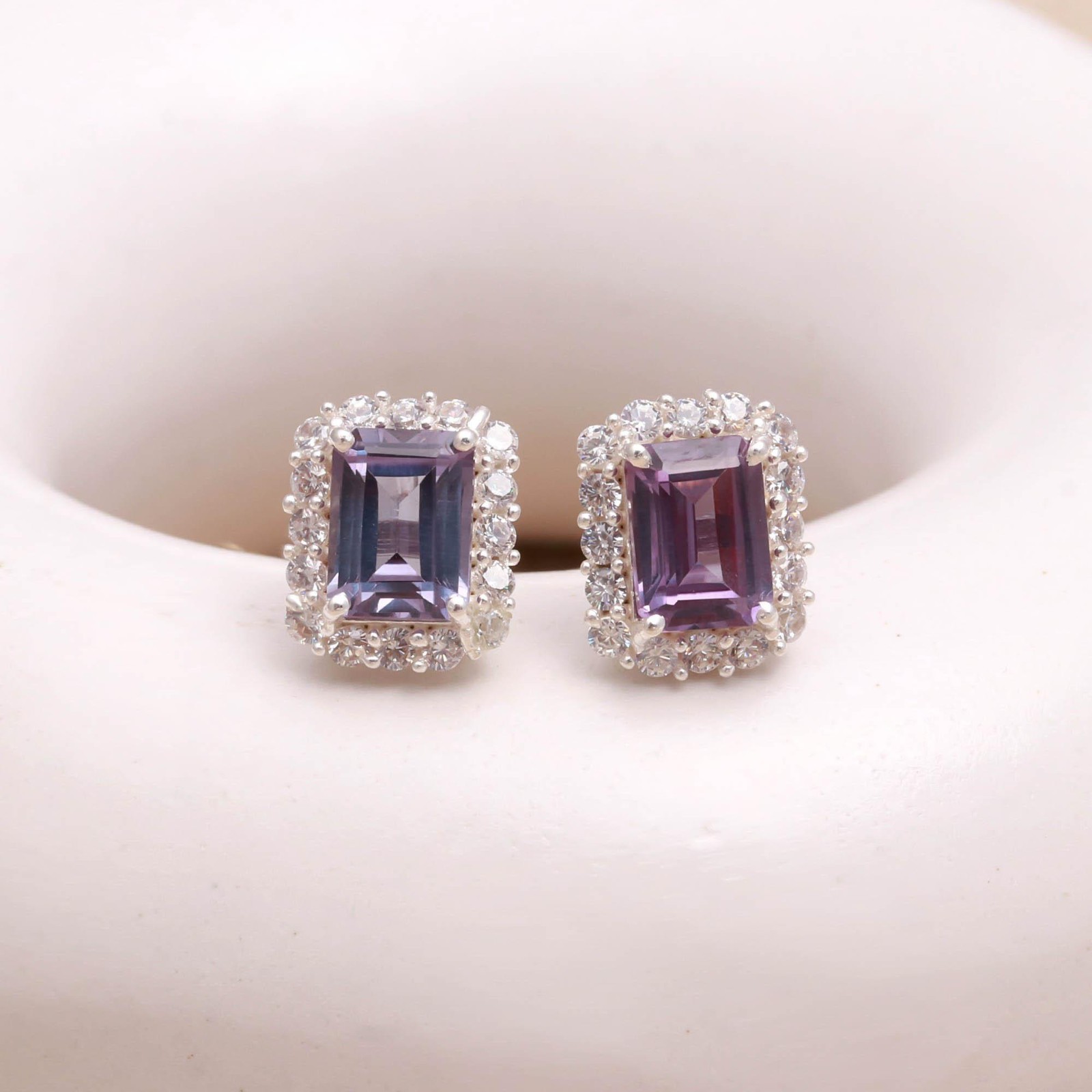 Colour Changing Alexandrite Octagon Stud Earring Solid Silver Moissanite Jewelry
