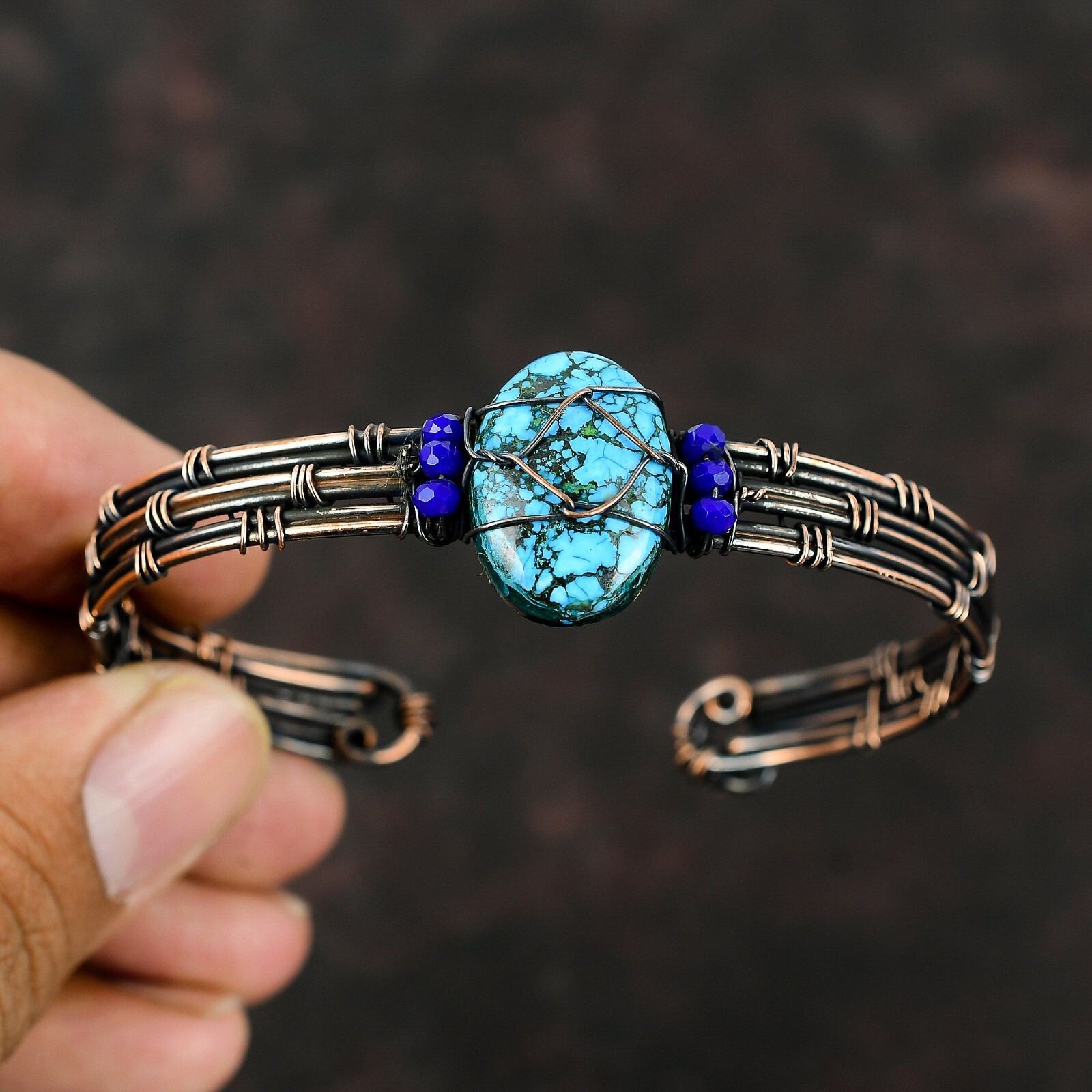 Tibetan Turquoise Copper Mother Gift Wire Wrapped Adjustable Bangle