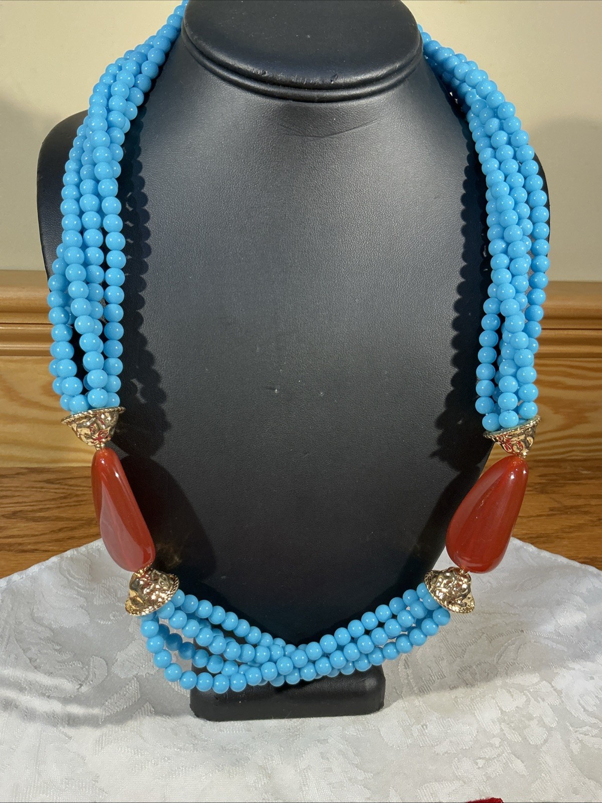 KJL Grand Stand Multi Strand Faux Turquoise & Carnelian Bead Boho Necklace 27″