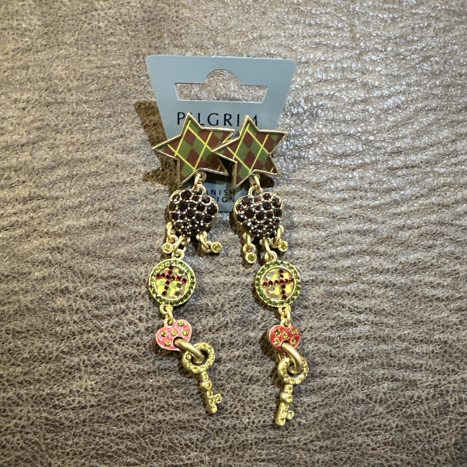 Pilgrim Swarovski Crystal Dangling Copper Earrings, Star Heart And Key, Red