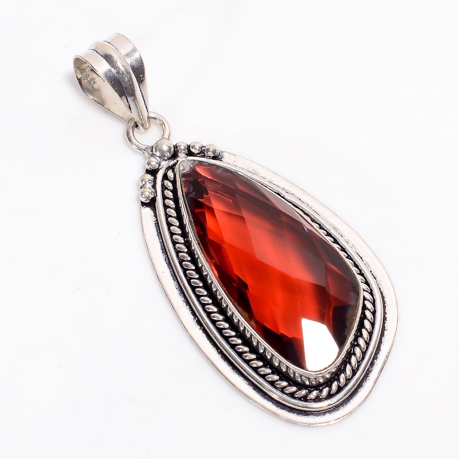 Lab Created Red Garnet Gemstone 925 Silver Handmade Pendant 2.4″ ARP-5129