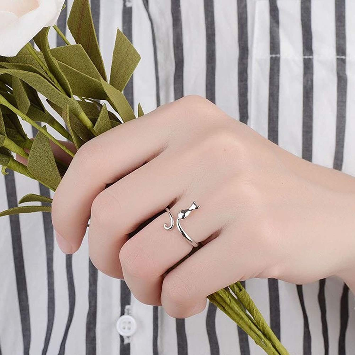 Cute Cat Sterling Silver Engagement Open Toe Rings Pet Lovers Dainty Adjustable