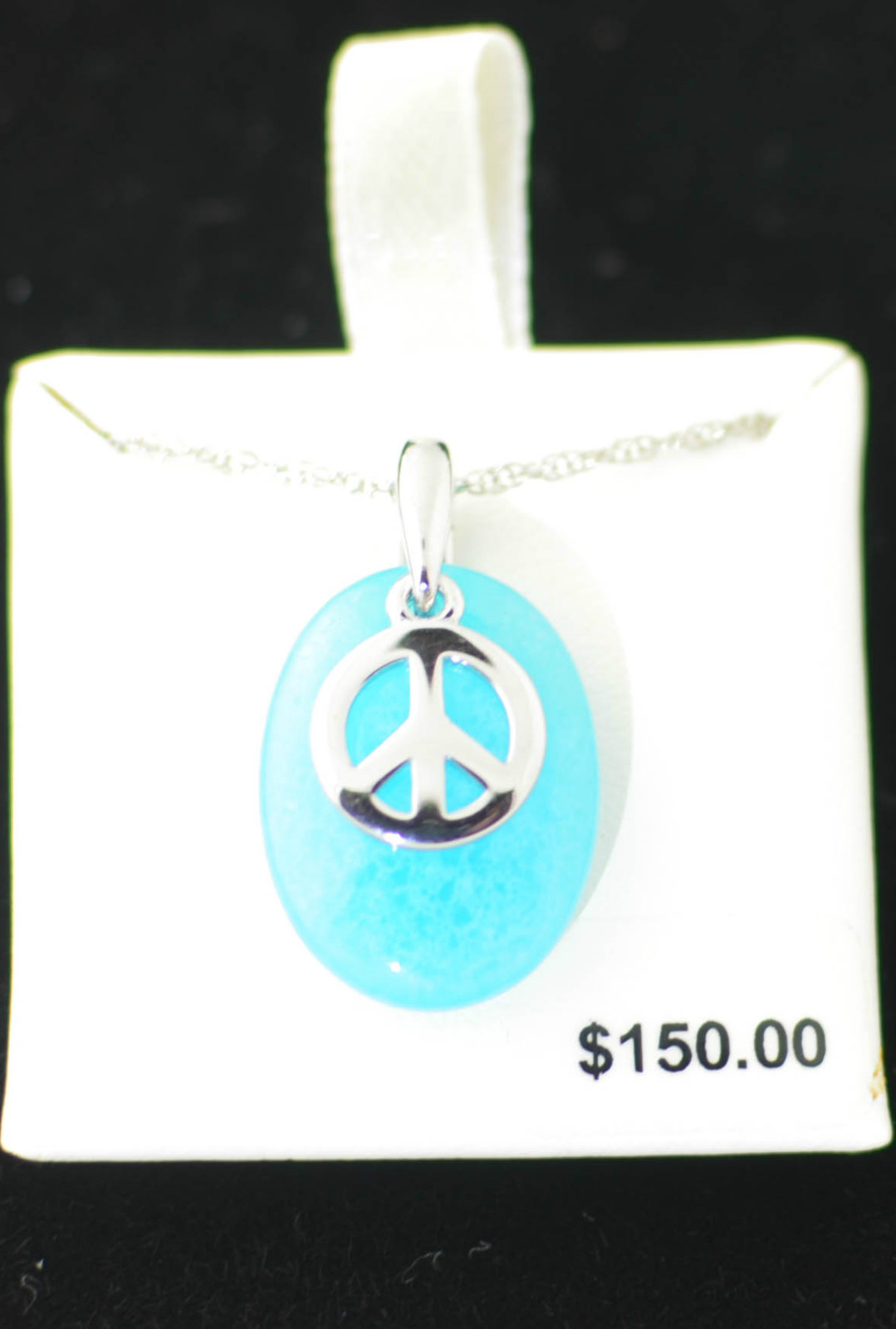 Blue Quartz Peace Sign Necklace .925 Sterling Silver, 18 inches
