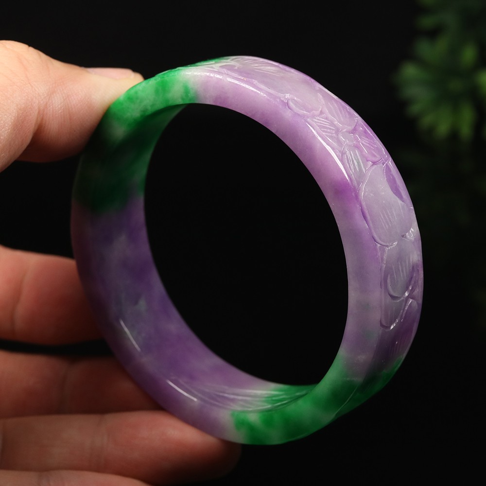 60mm Lavender Purple Green Jadeite Jade Bangle Bracelet Ruyi Flower Bat A-15045