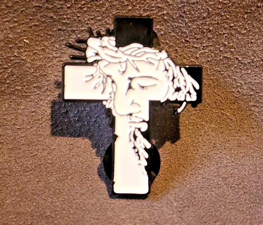 Christian Black and White Relief Jesus on Cross Enamel Lapel Brooch Hat Pin