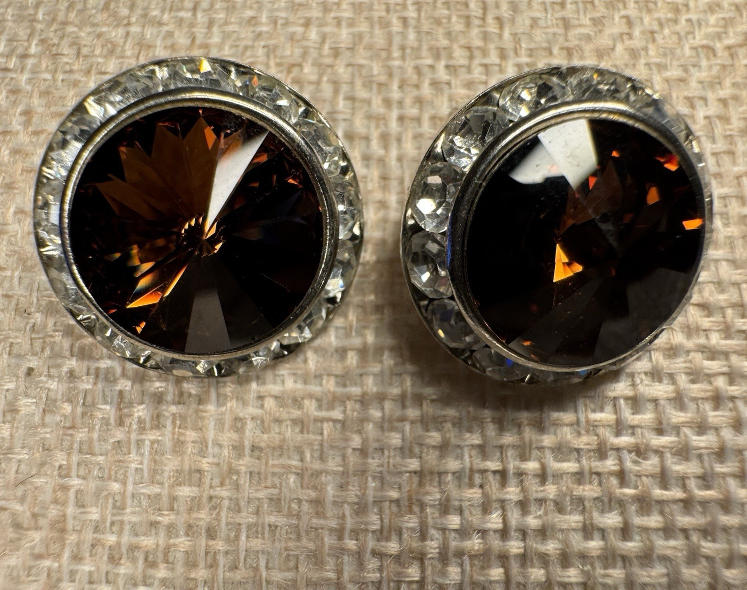 Vintage Round Brownish Amber Crystal Halo Clip-On Stud Earrings Silver Tone 1 in