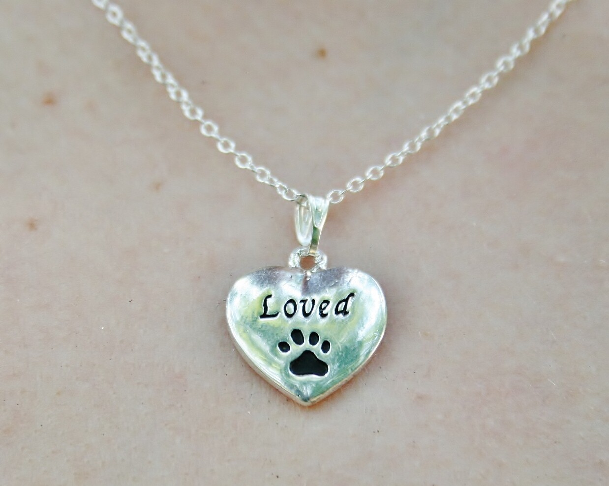 Loved Necklace Paw Print Pendant Cat Dog Pet Memorial Gift Silver Chain Beloved