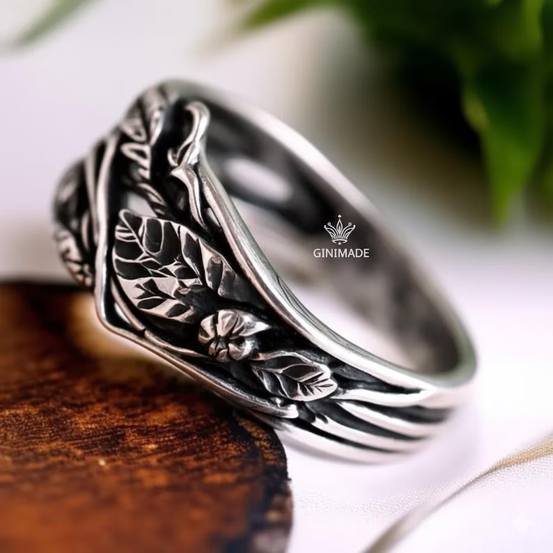 Handmade Leaf Vine Ring Botanical Nature Stainless Steel