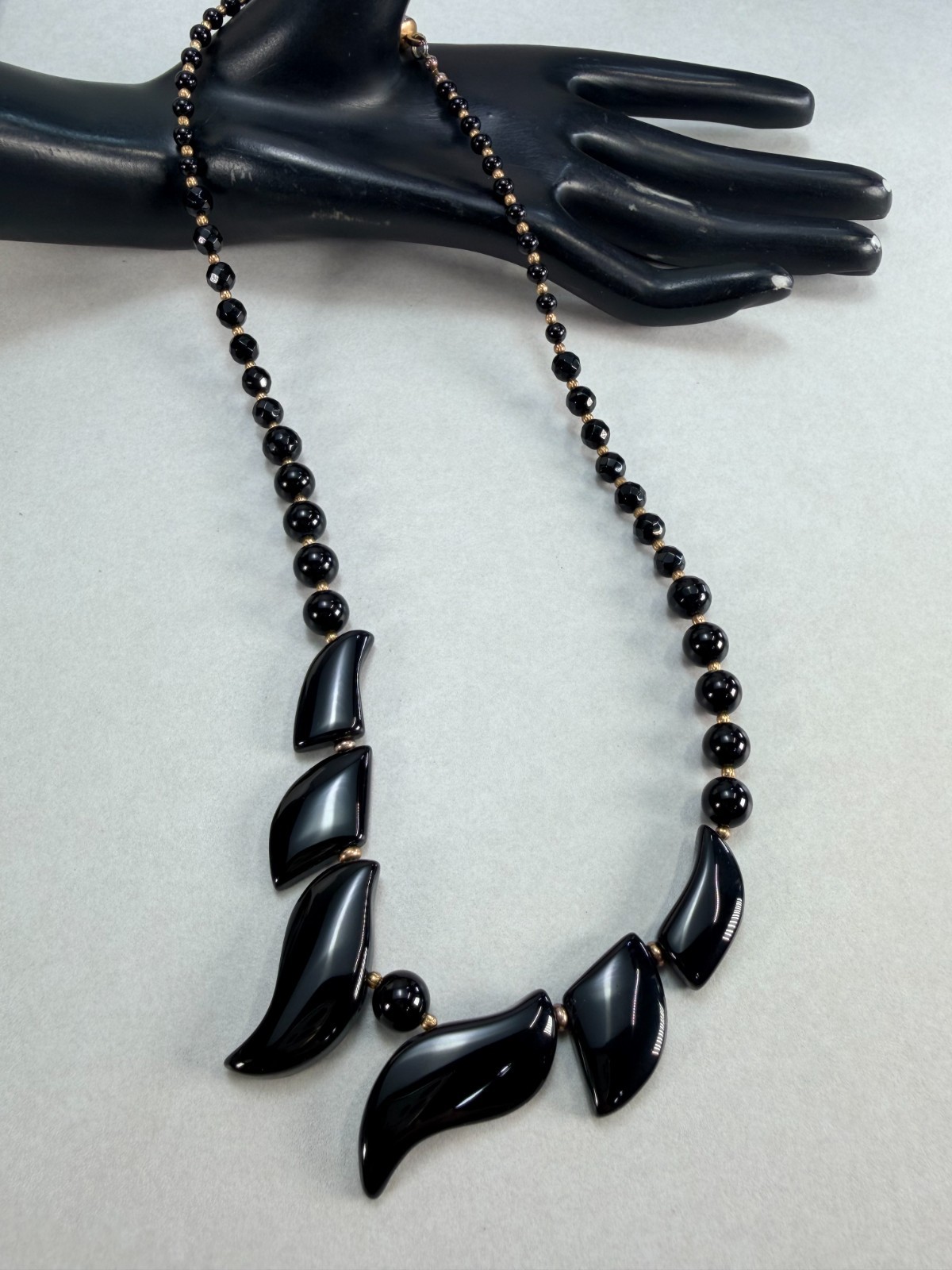 Vintage Black Onyx Smooth Collar Necklace Statement Beaded Gold Tone