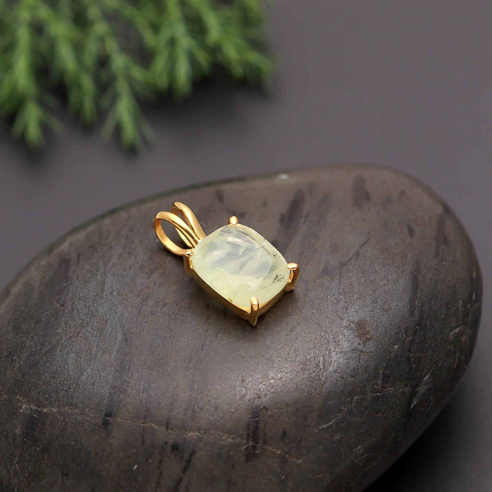 Natural Prehnite Cushion Chain Necklace Gold Plated 925 Sterling Silver Jewelry