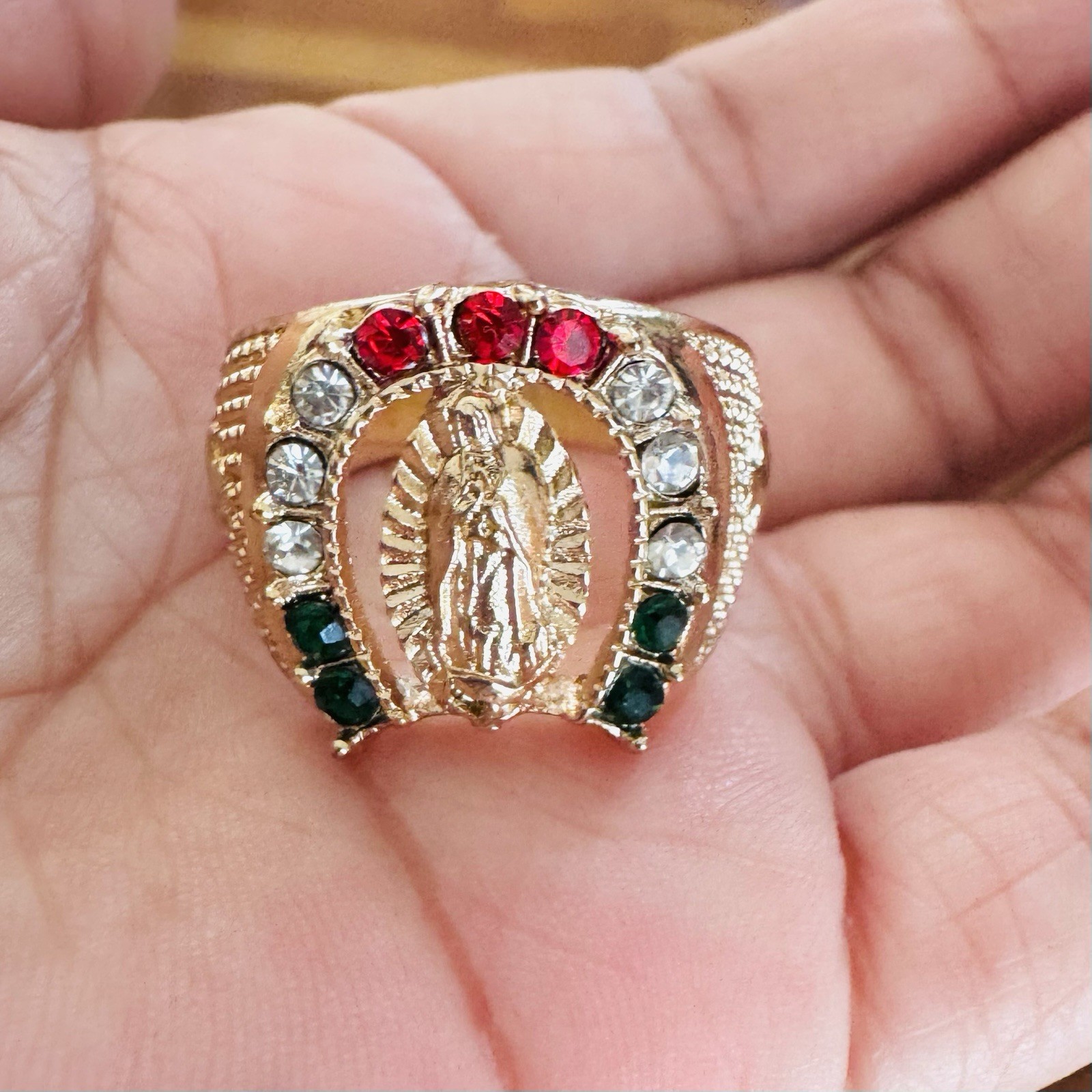 14K Gold Plated Our Lady of Guadalupe Horseshoe Rhinestone Cocktail Ring Size 10