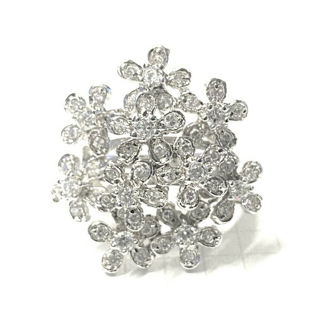 (SIZE 6,7,8,9) Large FLOWERS CLUSTER RING CZ Stones .925 STERLING SILVER