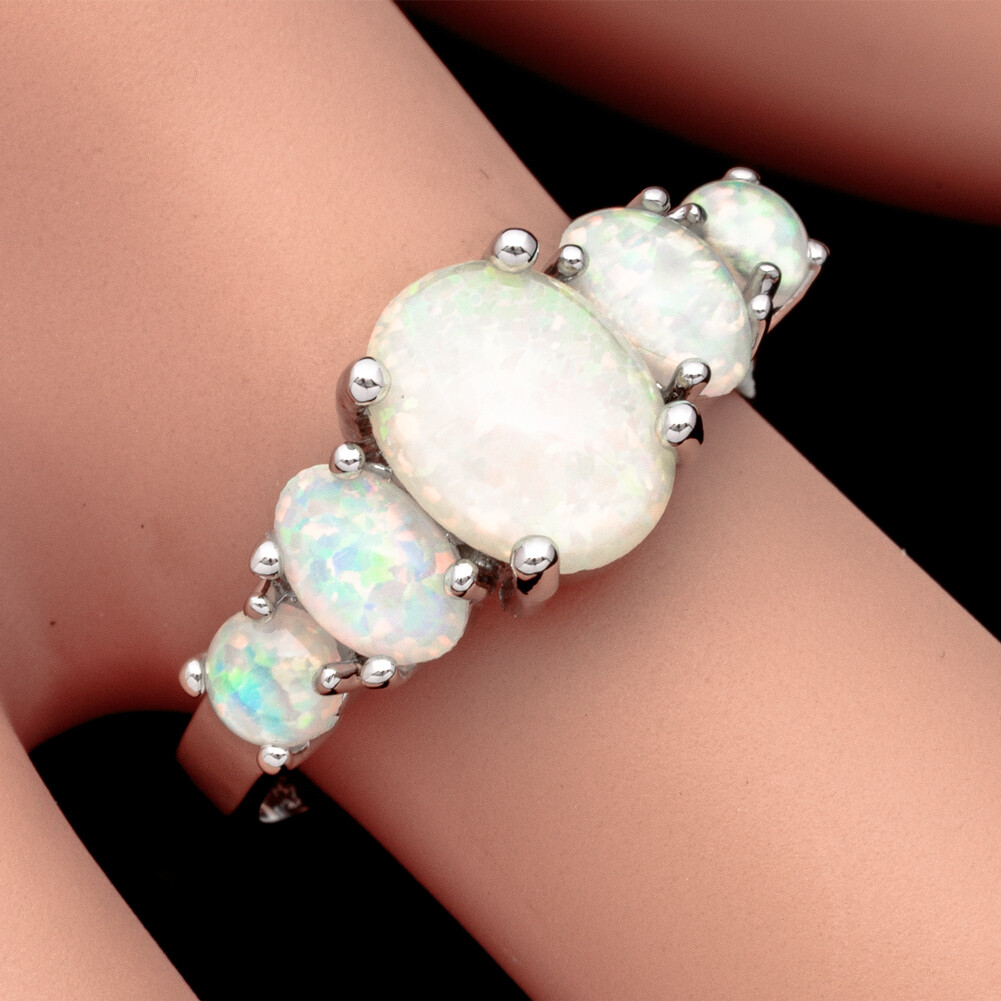 5-Stone White Fire Opal Cabochon Women Silver Jewelry Wedding Ring Size 6 7 8 9