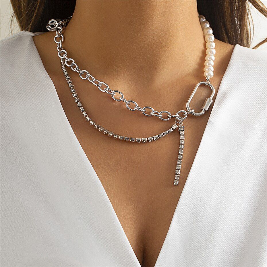 Asymmetric Fake Pearl Aluminum Alloy Choker Tennis Necklace Fashion Jewelry Wear
