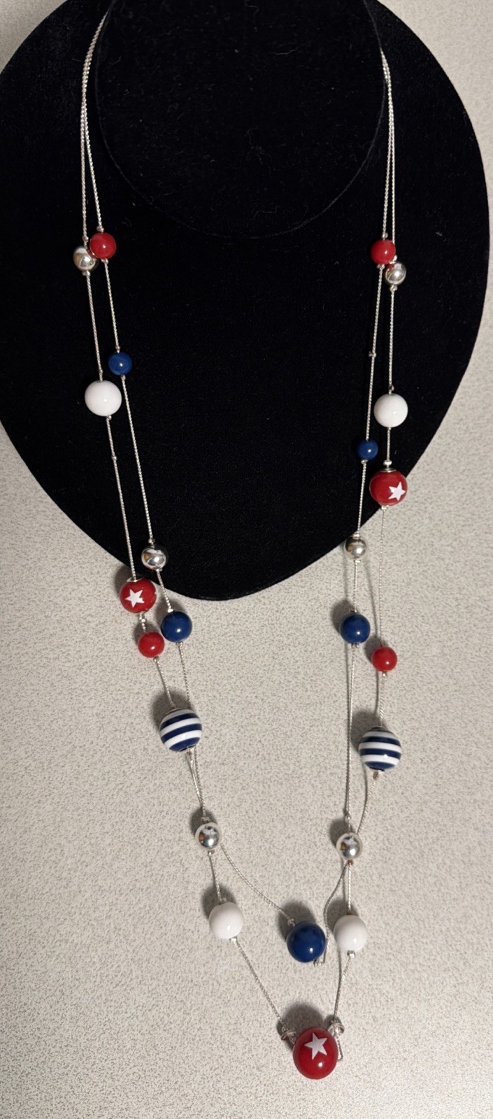 Red White Blue 32” Long Multi Strand Necklace Patriotic Star Stripe Beaded 250th