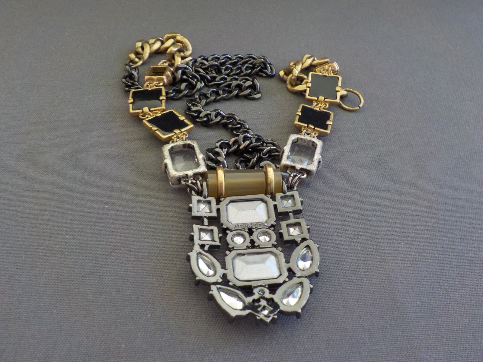 Square Teardrop Clear Black Green Glass Plastic Necklace Gold Black Tone Metal