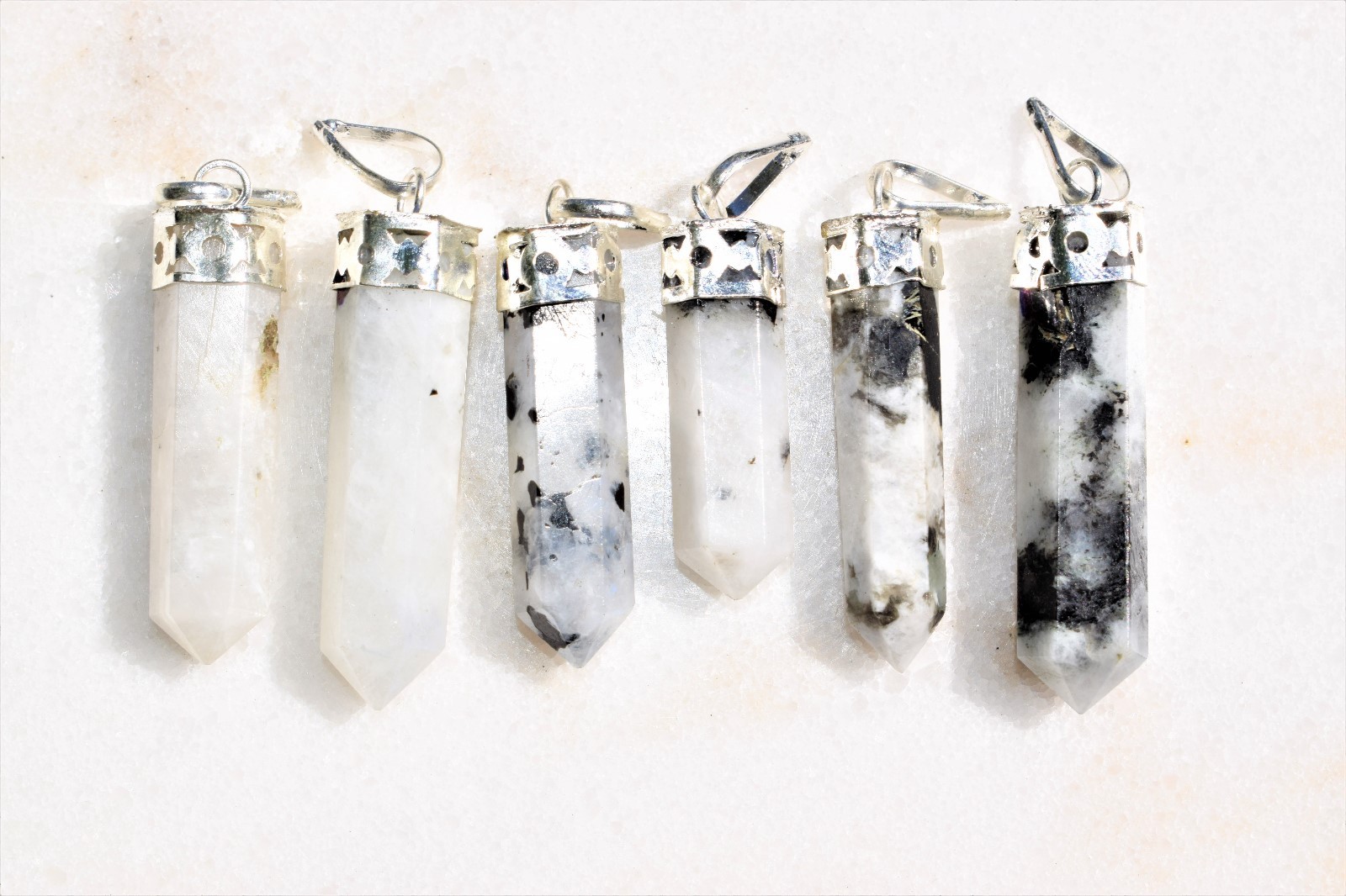 Faceted Rainbow Moonstone Point Pendant + 20″ Stainless Steel Chain + Charger