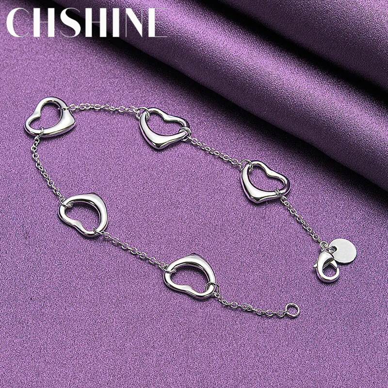 CHSHINE 925 Sterling Silver Five Heart Bracelet Fashion Charm Jewelry 8inches
