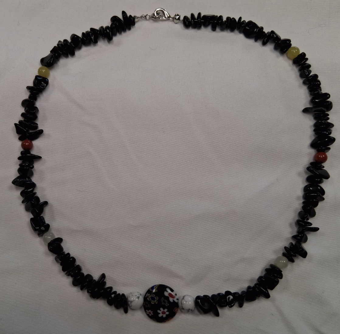 Black Jasper Chips Semi Precious, Beads, Necklace, Daisy Charm, 18 inches