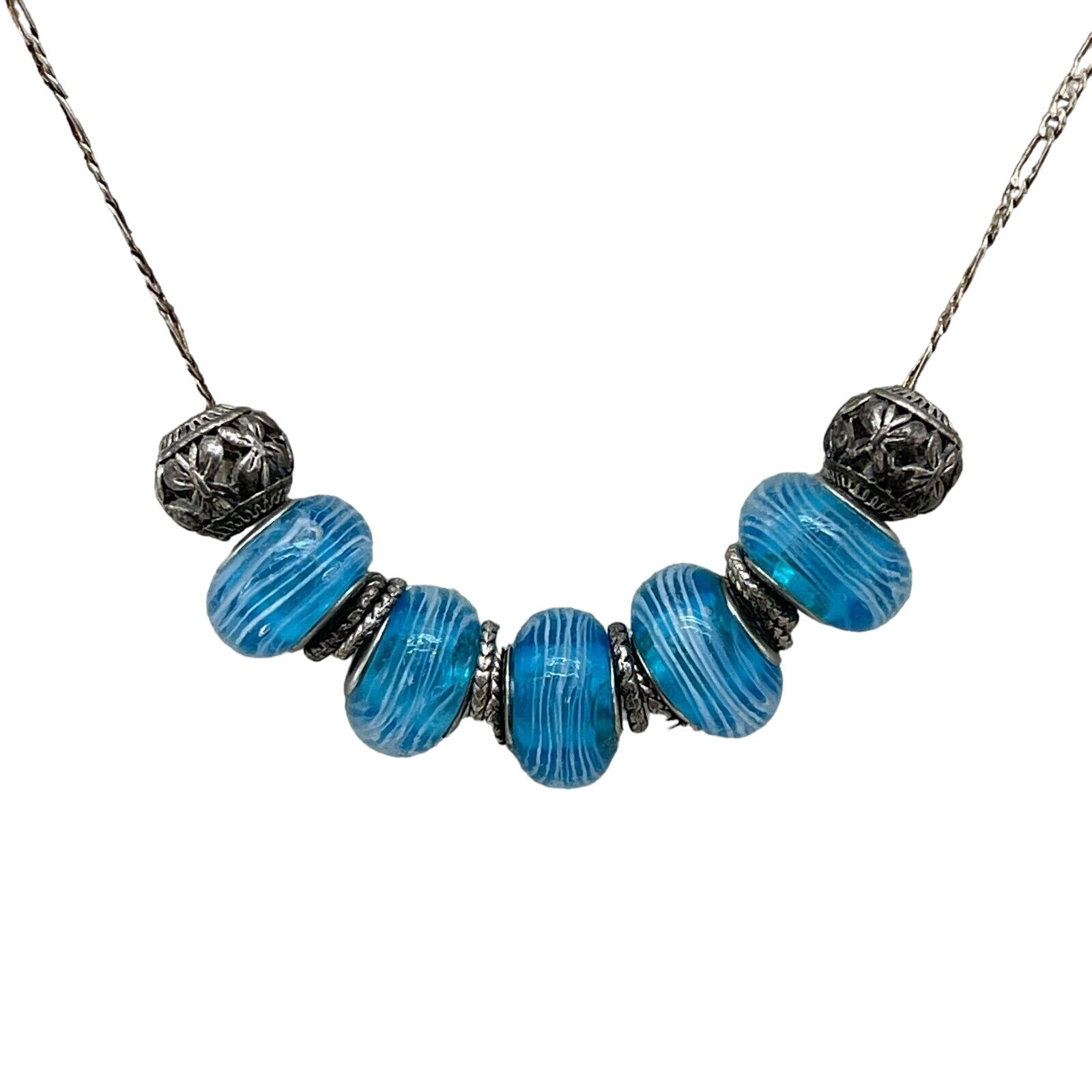 Turquoise Silver Glass Beaded 925 Chain Necklace Fine Jewelry Lobster Claw Lock