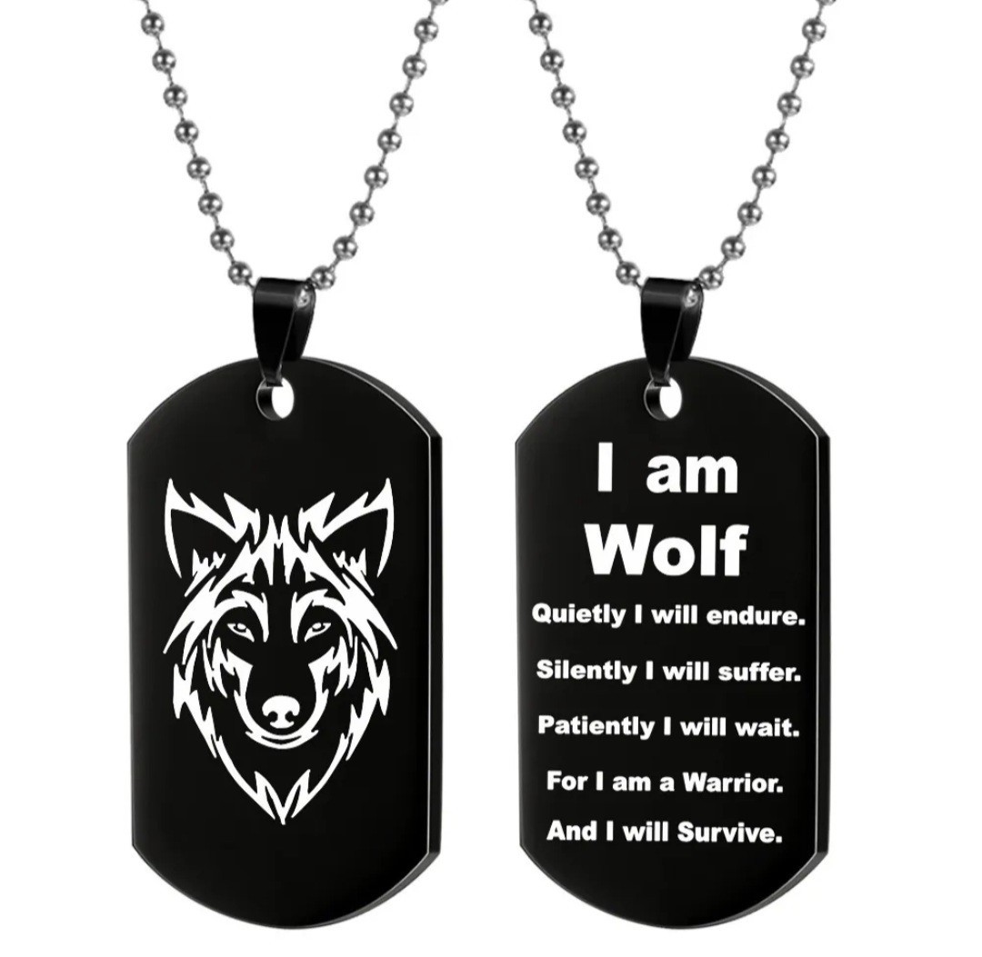 Stainless Steel Engraved Wolf Dog Tag Pendant Necklace Ball Chain Black/Silver
