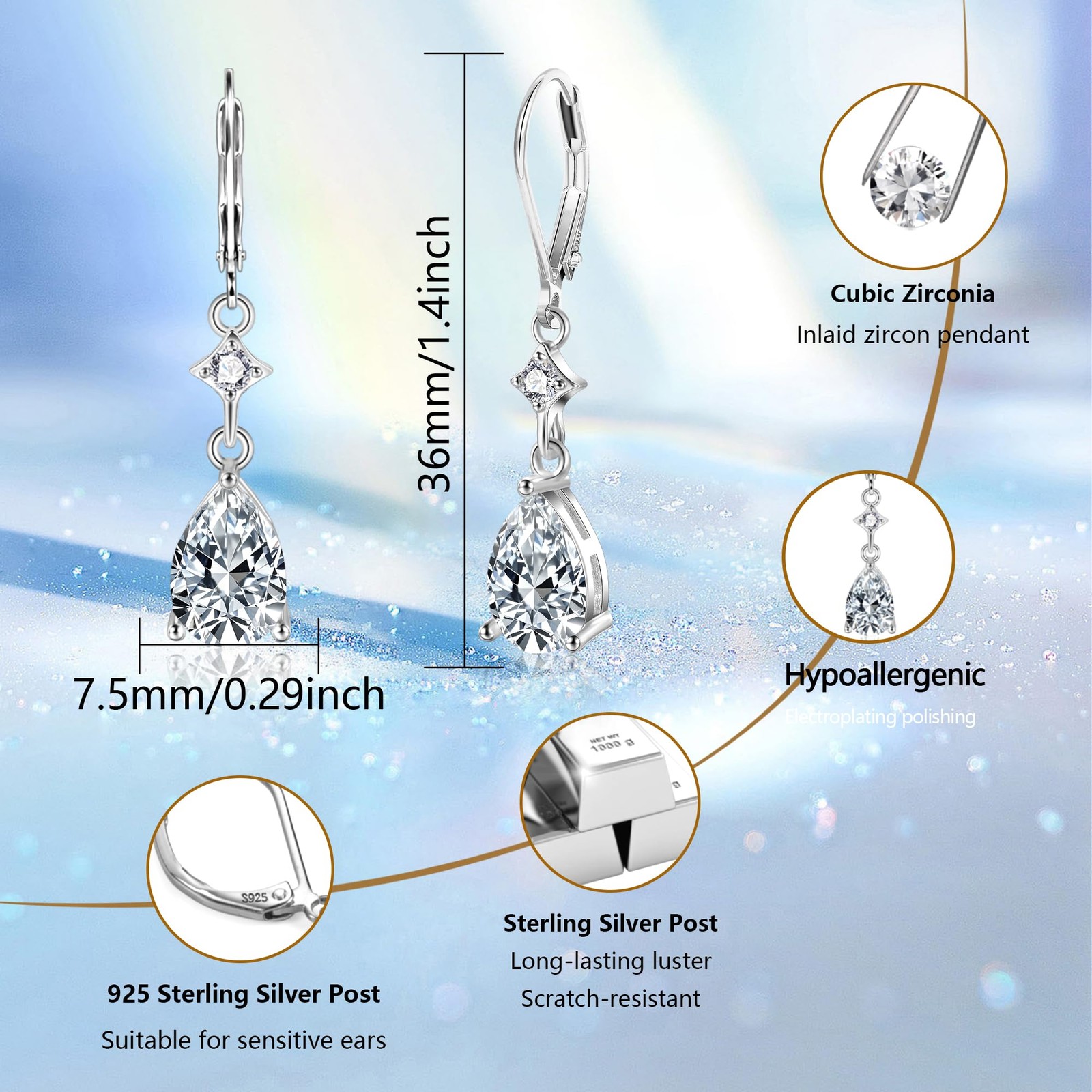 Sterling Silver Teardrop Earrings for Women Cubic Zirconia Silver Drop Leverback
