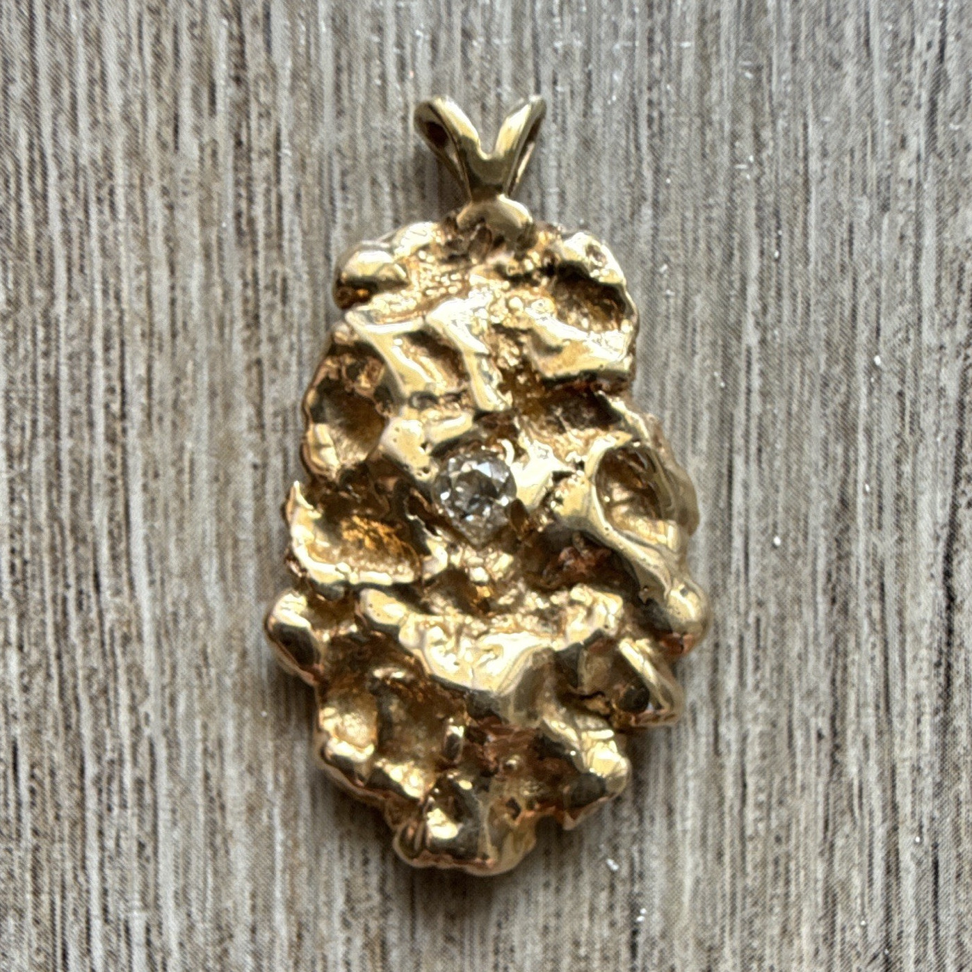 14k Gold Nugget Style Asymmetrical Pendant Charm, with 1/4 carrot diamond 13.3g