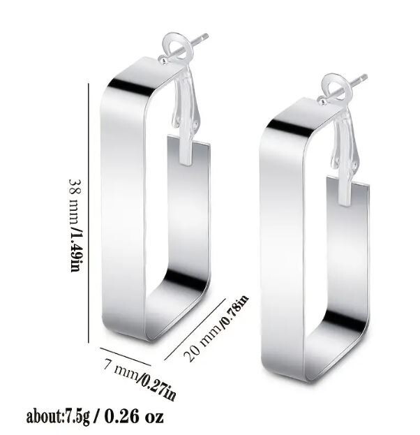 NEW MEDIUM LARGE RECTANGLE HOOP EARRINGS SILVER LEVER BACK LIGHTWEIGHT 1.5″