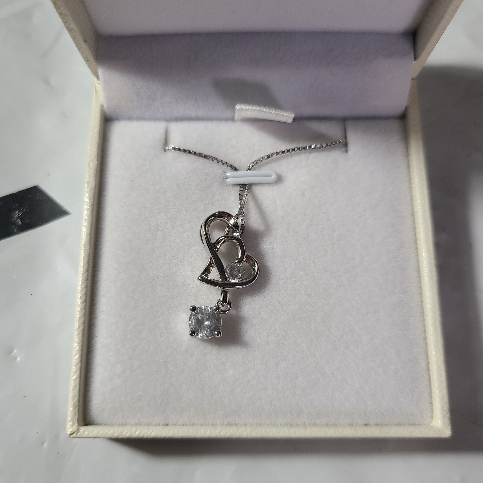 Sterling Silver Double Heart Pendant Clear Cubic Zirconia & 18″ Chain 925 In Box
