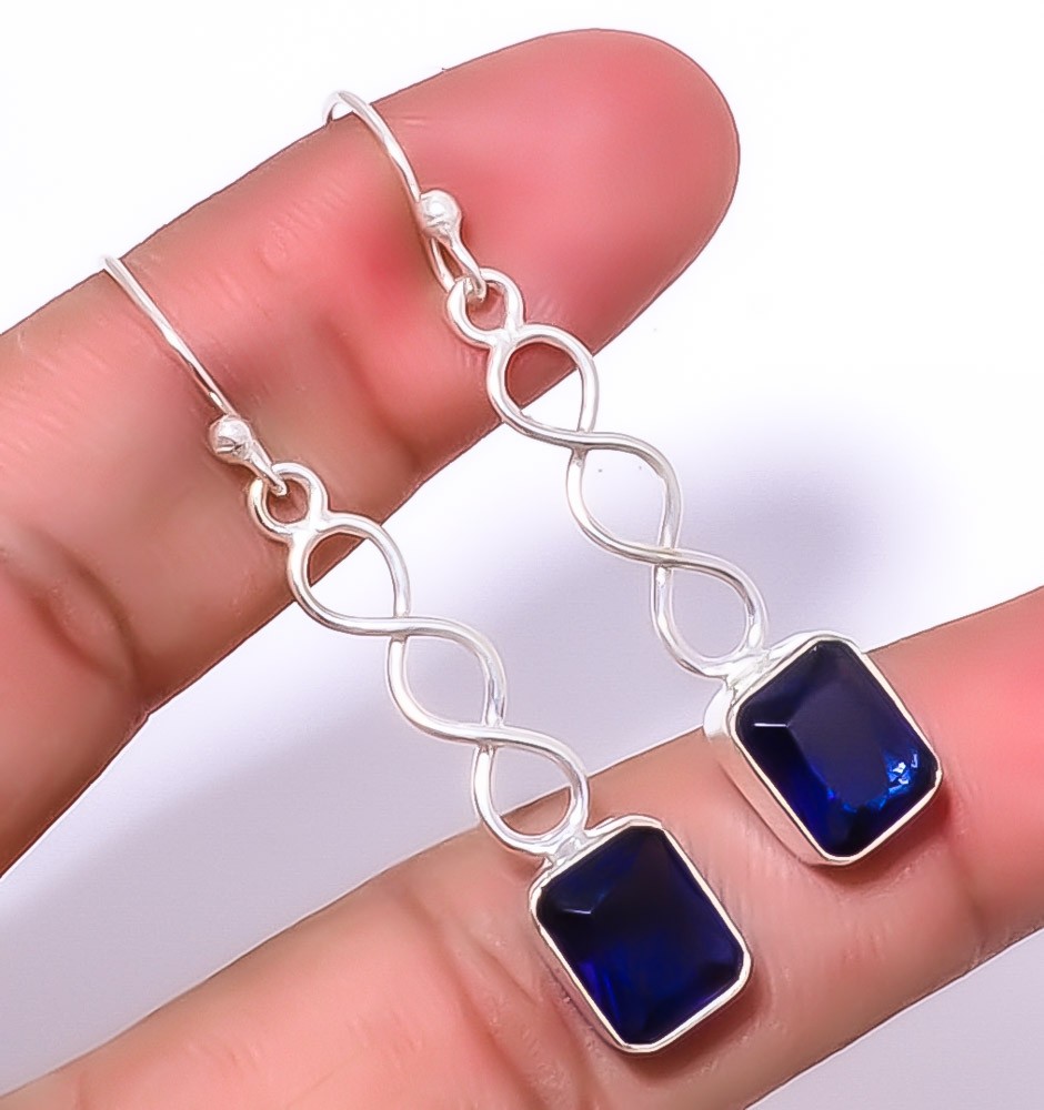 Blue Sapphire (Lab-Created) Gemstone 925 Silver Plated Spiral Earring 1.79″ A1
