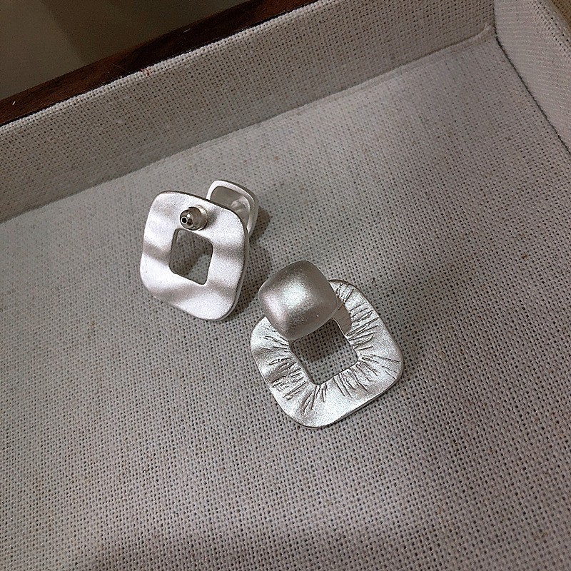 Fashion Detachable Square Matte Frosted Texture Silver Plated Stud Earrings