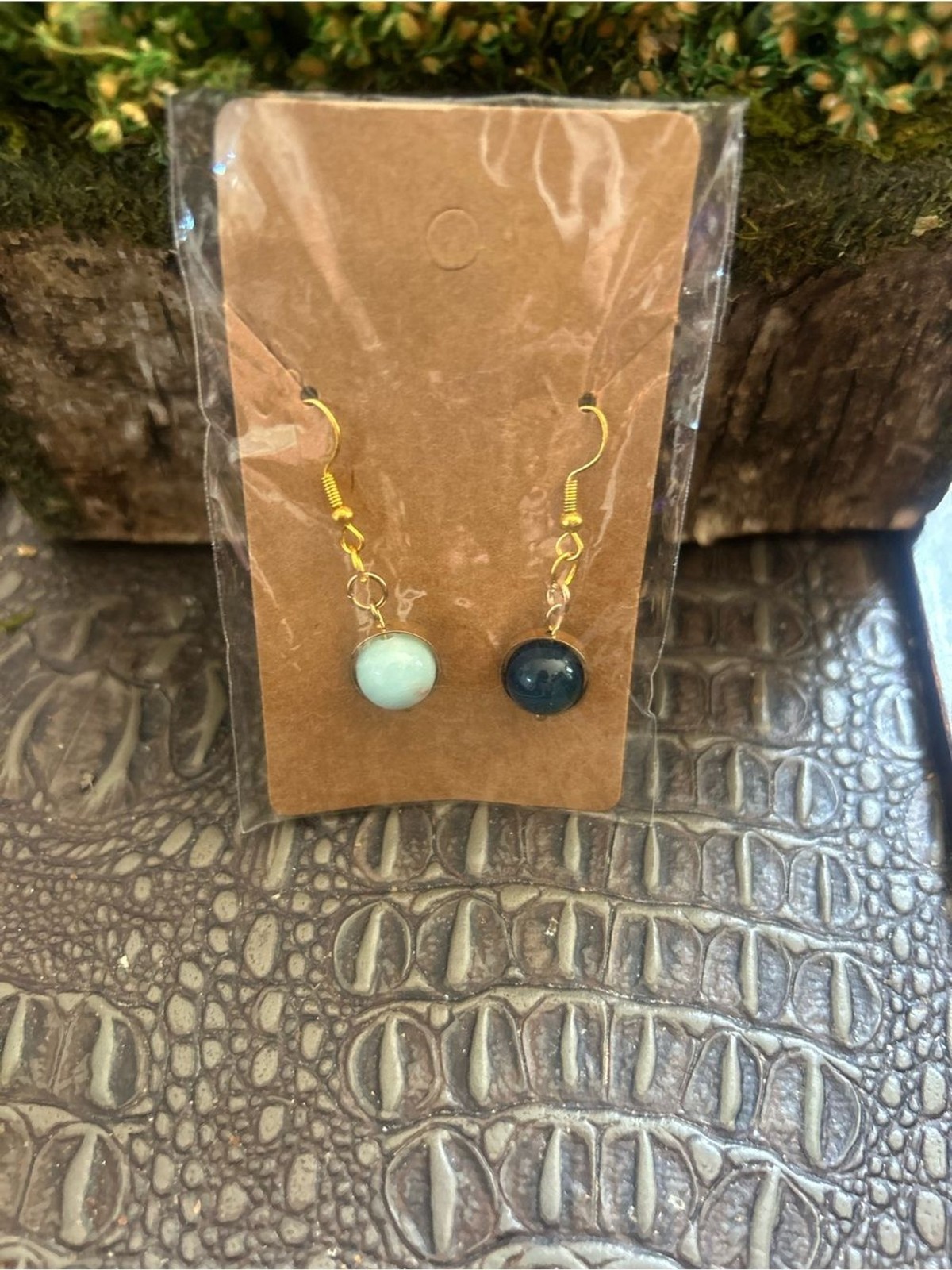 Gold-Finish Drop Earrings with Light Aqua and Deep Navy Stones