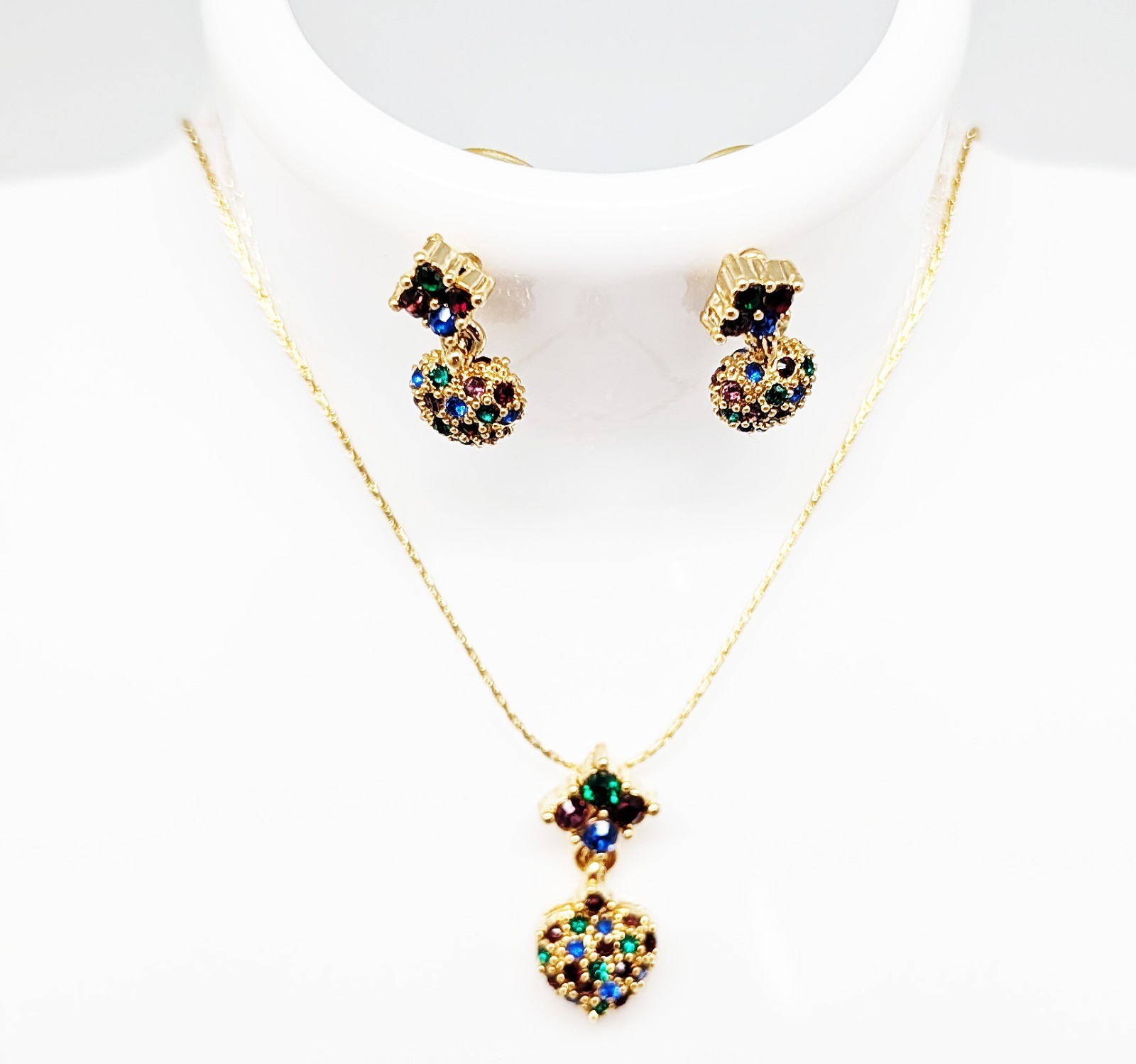 DESIGNER INSPIRED 20 in RAINBOW MULTI COLOR CRYSTAL HEART GOLDTONE JEWELRY SET