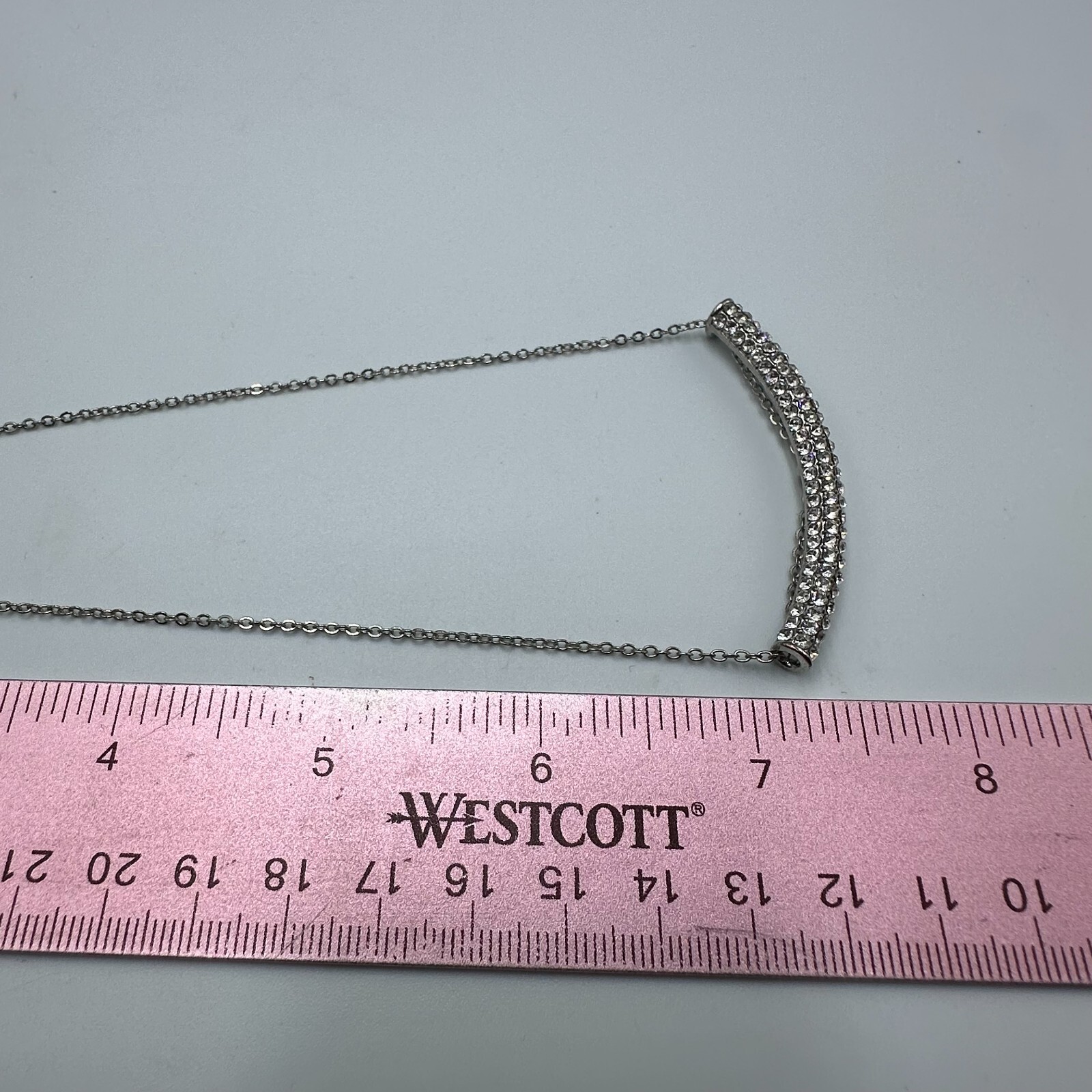 Rhinestone Bar Necklace Women Silver Tone Dainty Thin Chain Lightweight 14 Inch