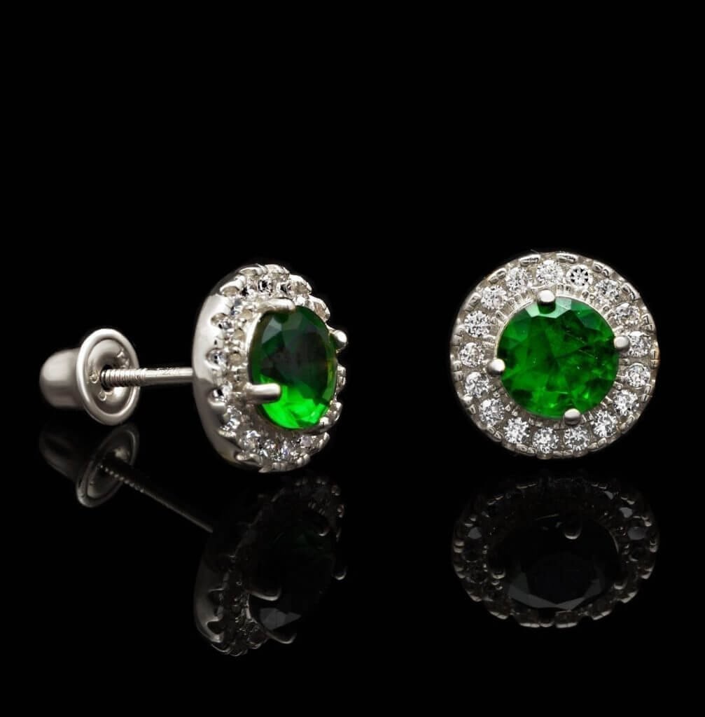 1Ct Emerald Round Simulated Diamond Halo Stud Earrings 14K White Gold