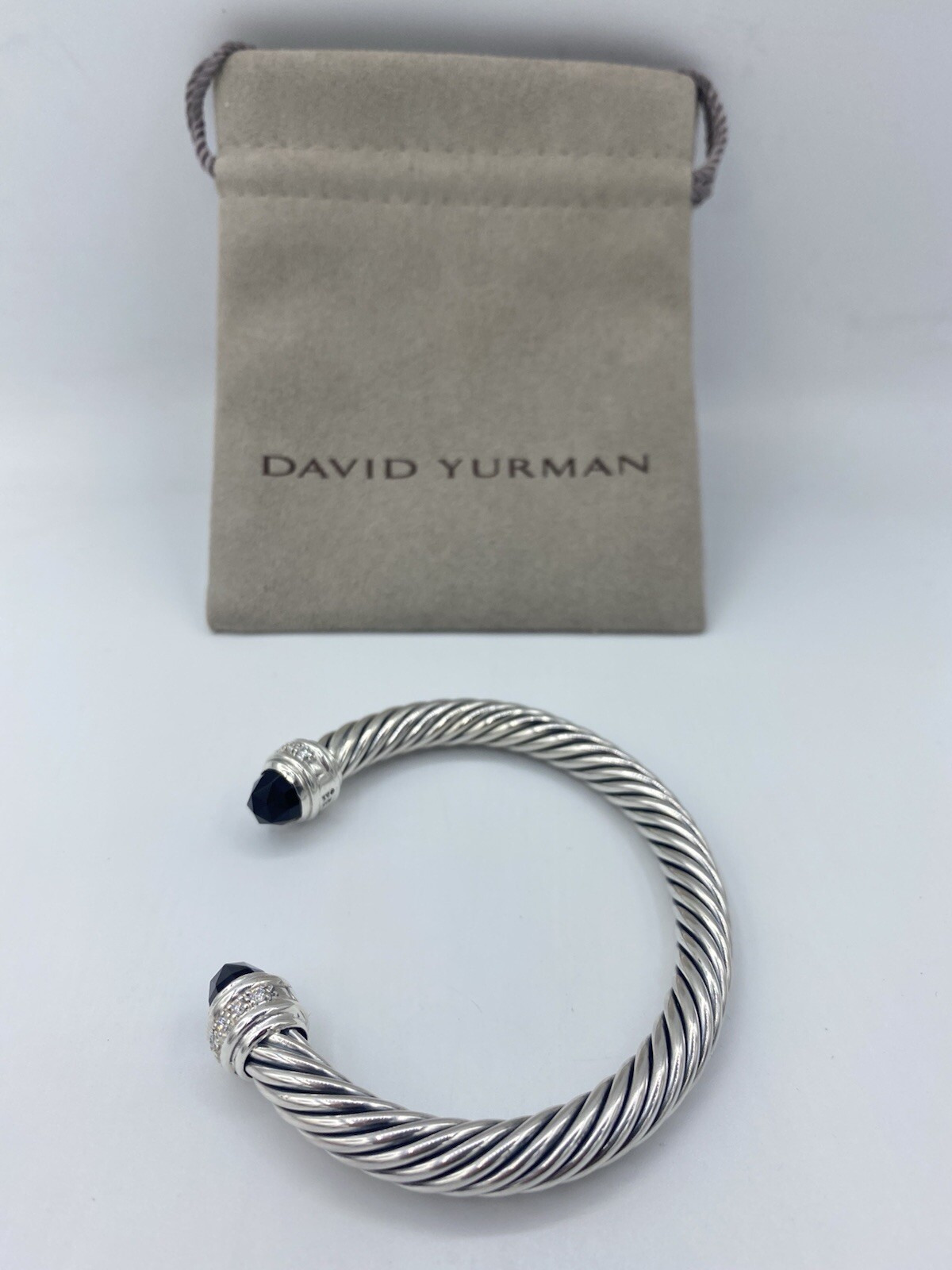 David Sterling Silver 7mm Classic Black Onyx Diamond Bangle Bracelet