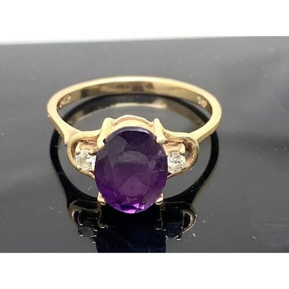 Purple Gemstone Diamond Cocktail Ring 14k Yellow Gold Women’s Estate Size 6.5