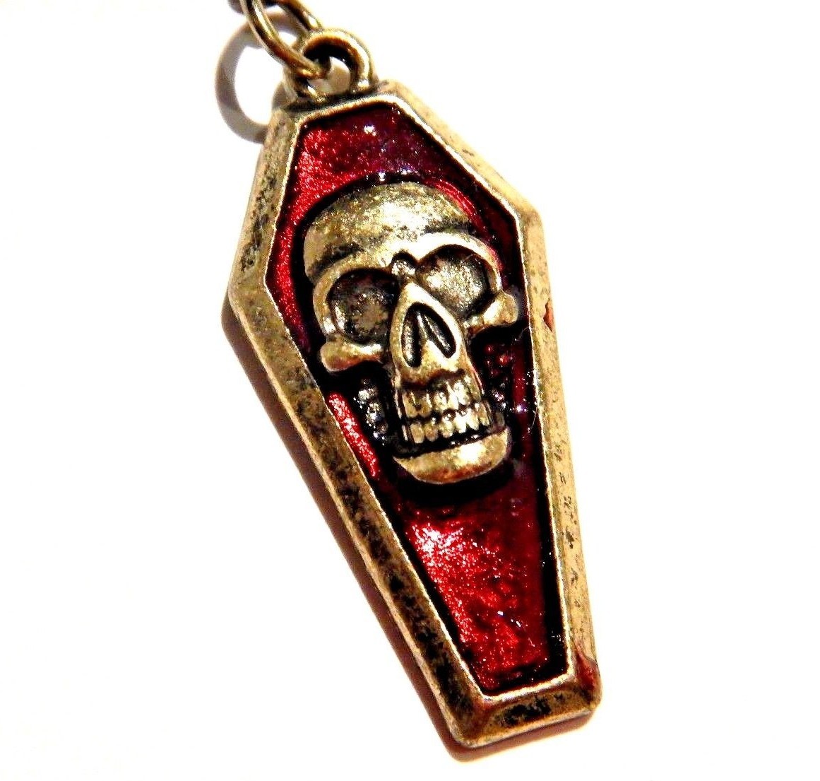 ASYMMETRIC HYPOALLERGENIC BRONZE COFFIN EARRINGS skull red gothic halloween F6