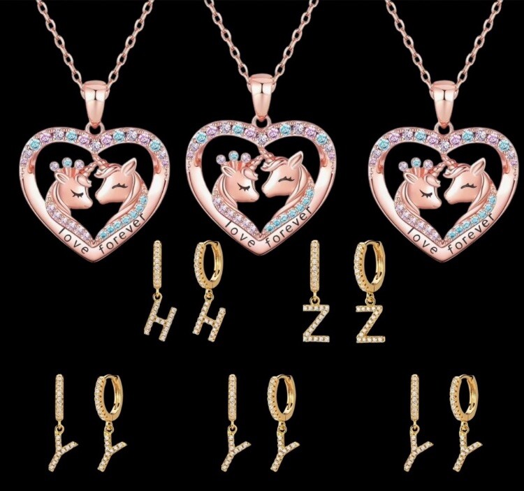 (5) Fettero Initial Earrings Huggie Hoop Letter (3) Jewlpire Unicorn Necklaces