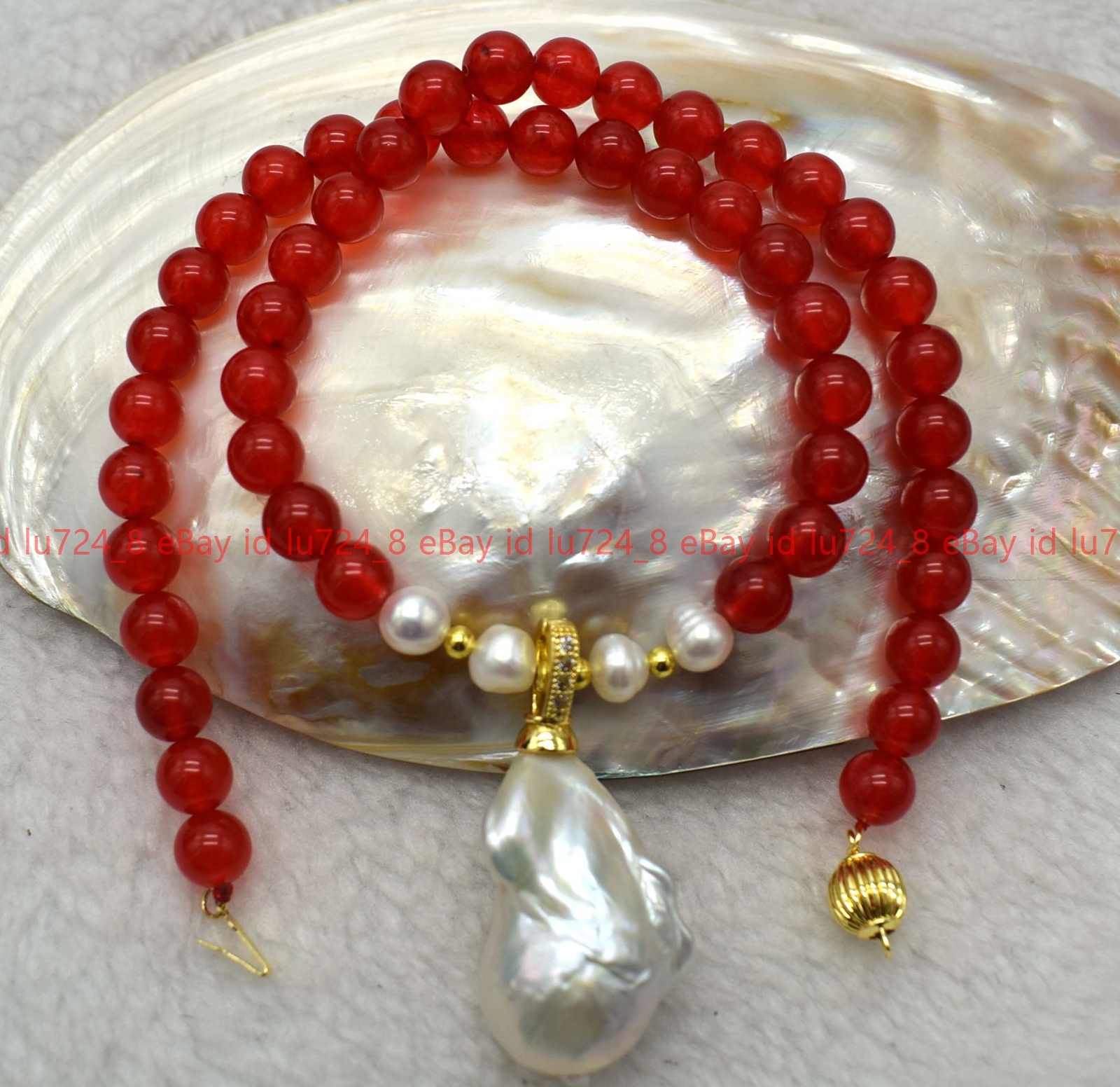 Natural 6-12mm Red Jade Round Gems Beads &White Baroque Pearl Pendant Neckalce