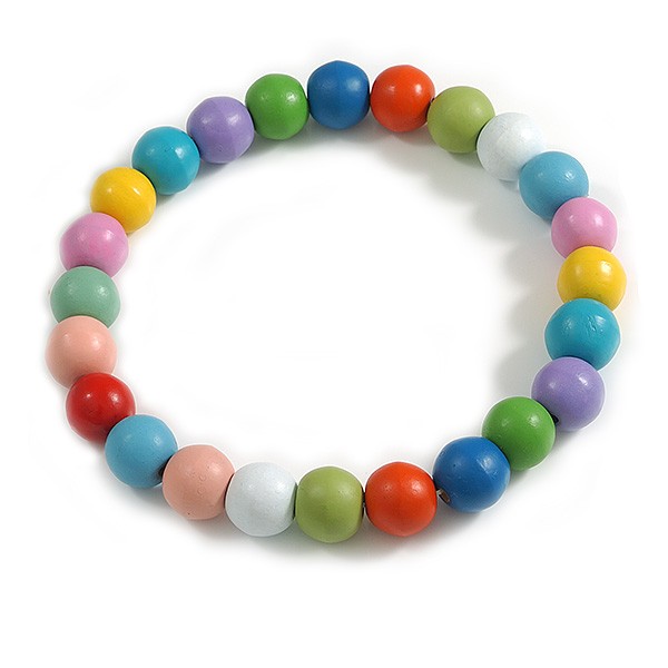 Chunky Multicoloured Round Bead Wood Flex Necklace – 44cm Long/ 20mm Diameter