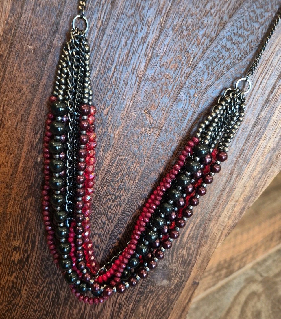 Multistrand Black, Purple, & Red Gunmetal Silver Tone Beaded Chain Necklace