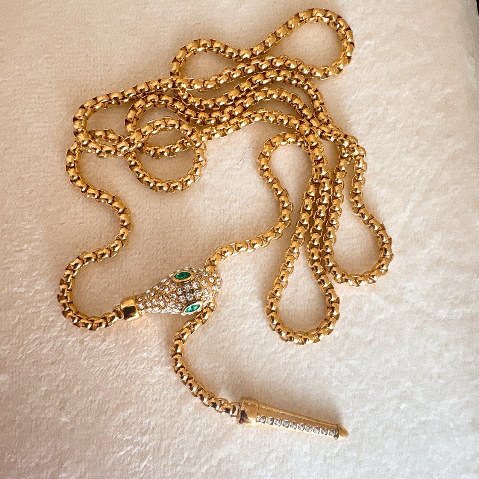 Snake Lariat Necklace Green Crystal Adjustable Waterproof Gold Tone