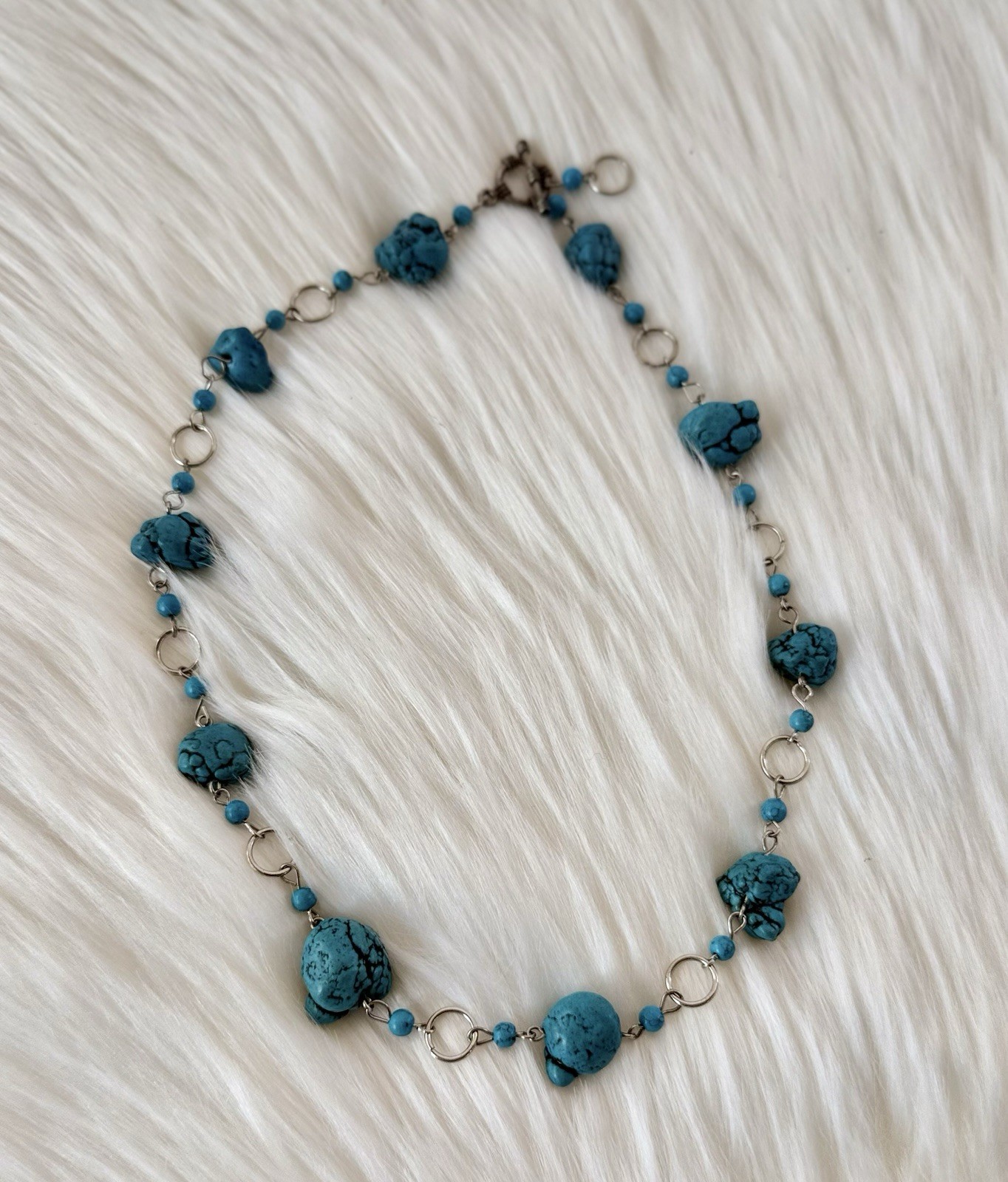Turquoise Blue Beaded Link Chain Necklace Silver Tone Lobster Clasp 24 in